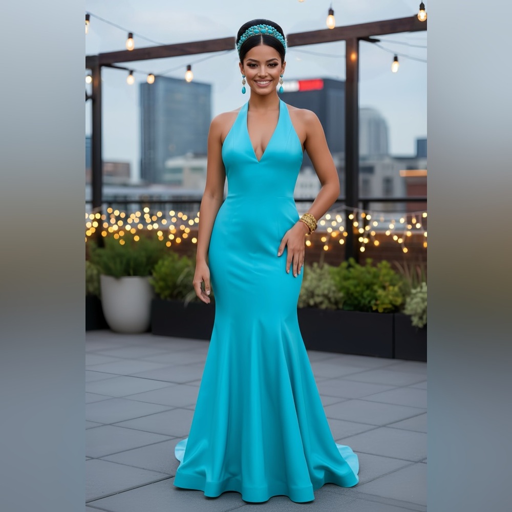 Morgan & Co. Blue Halter Backless Gown - Picture 2 of 7